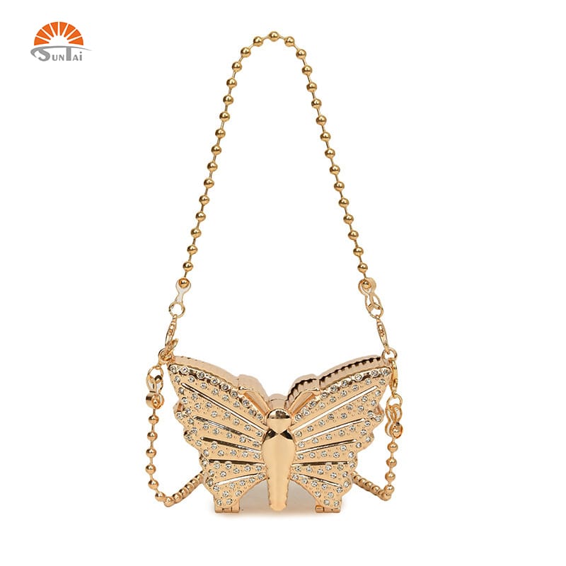 Luxurious Korean Rhinestone   Purse Mirrored Metalic   Butterfly Silver long chai