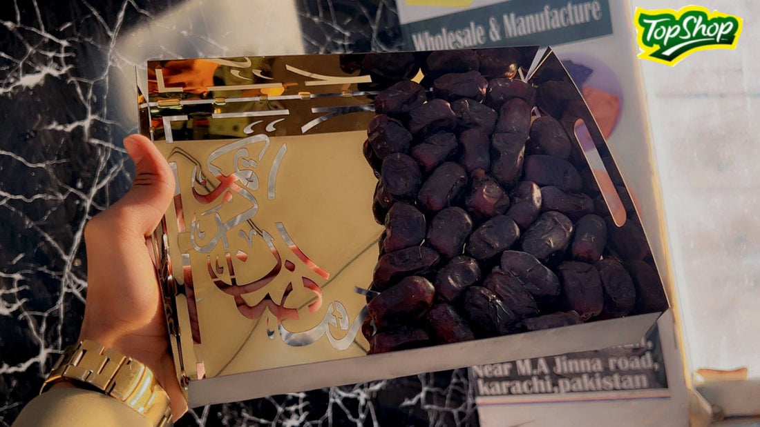 Ramzan  kareem special khajoor trey golden stailness steel display tray