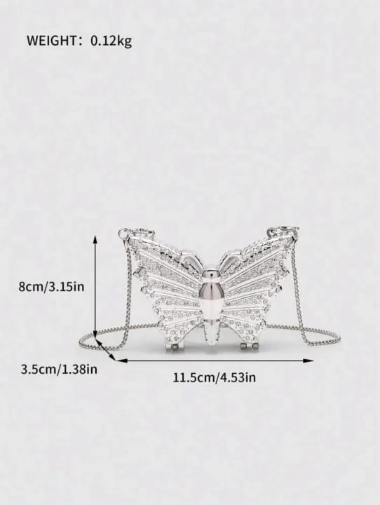 Luxurious Korean Rhinestone   Purse Mirrored Metalic   Butterfly Silver long chai