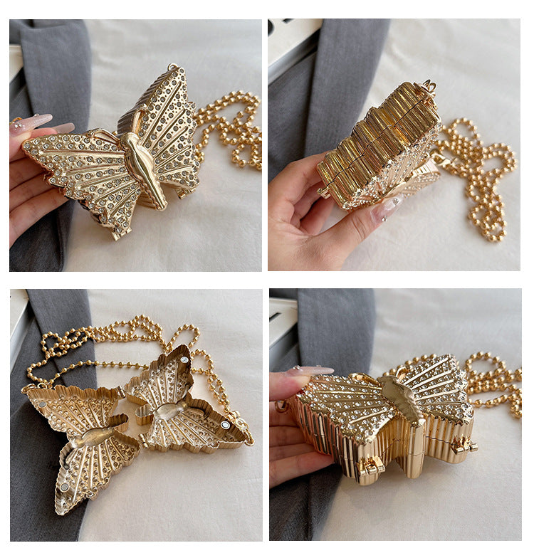 Luxurious Korean Rhinestone   Purse Mirrored Metalic   Butterfly Silver long chai
