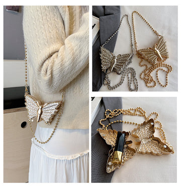 Luxurious Korean Rhinestone   Purse Mirrored Metalic   Butterfly Silver long chai