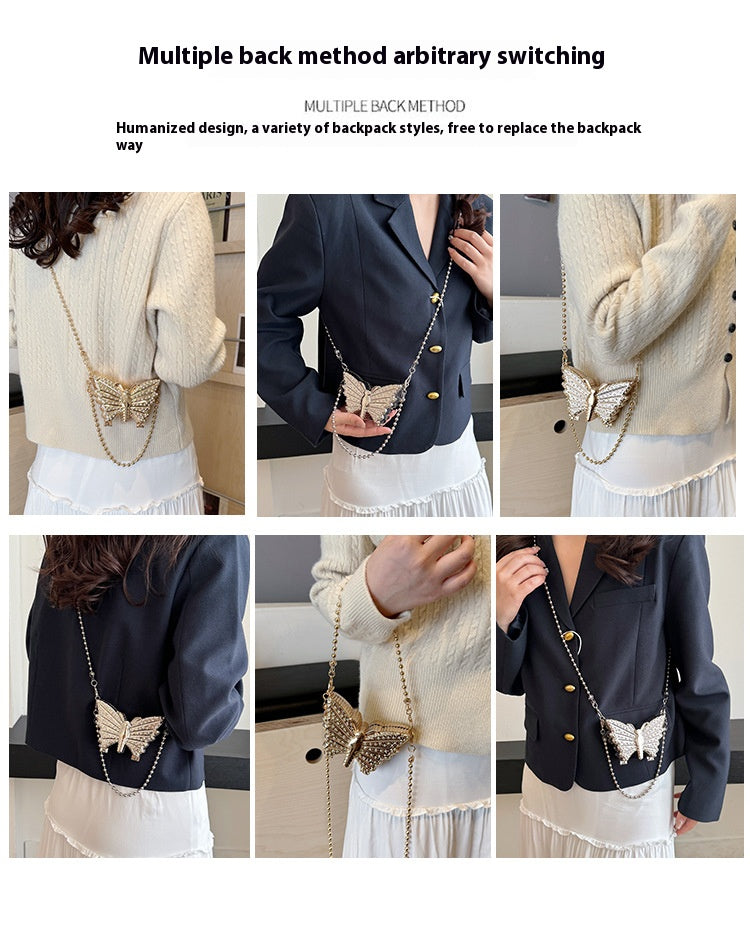 Luxurious Korean Rhinestone   Purse Mirrored Metalic   Butterfly Silver long chai