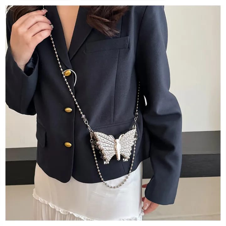 Luxurious Korean Rhinestone   Purse Mirrored Metalic   Butterfly Silver long chai