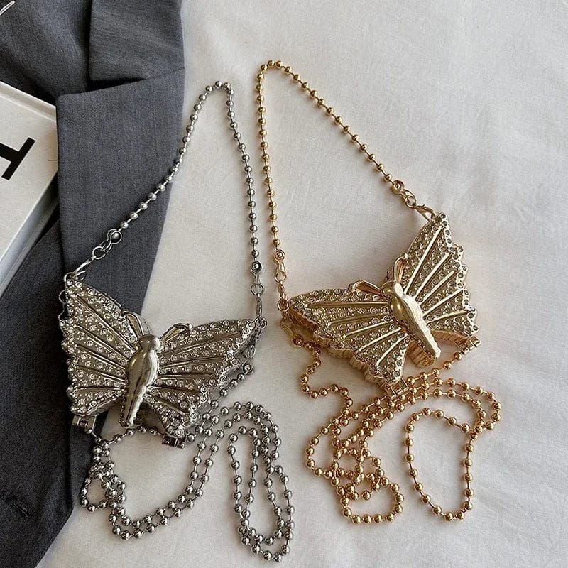Luxurious Korean Rhinestone   Purse Mirrored Metalic   Butterfly Silver long chai